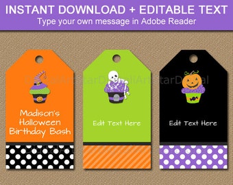 HALLOWEEN Birthday Tags, Kids Halloween Tags, Printable Halloween Favor Tags, Editable Halloween Gift Tags, Halloween Party Favor Tags HC