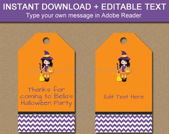 Kids Halloween Tags, Halloween Favor Tags, Printable Halloween Birthday Tags, Halloween Party Favor Tag, Instant Download Girl Witch Tag WDS