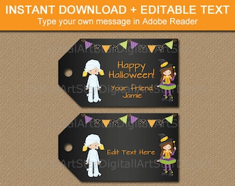 Girl Halloween Tags, Halloween Party Tags, EDITABLE Halloween Tags, Witch Halloween Printables, Halloween Gift Tags, Halloween Download HCBK