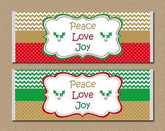 Christmas Candy Labels - Holiday Candy Bar Wrappers - Christmas Party Favors - Red Green Gold Chocolate Bar Wrapper Template with Holly