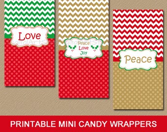 Printable Christmas Candy Wrappers - Peace Love Joy - Christian Mini Candy Bar Labels - Catholic Candy Wrappers - INSTANT DOWNLOAD - Gold