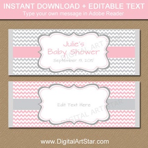 Baby Shower Candy Wrapper Template, PRINTABLE Chocolate Wrappers, Pink and Gray Bridal Shower Candy Bar Wrappers, Birthday Labels BB1 image 1