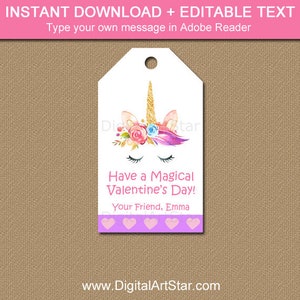 Valentines Day Tags Printable Unicorn Valentine Tags Instant Download, Editable Valentine Template, Unicorn Valentine Personalized for Kids image 1