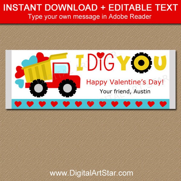 Valentine Candy Wrappers - I Dig You Valentine Printable Candy Bar Wrapper Download - Boy Valentine Party Favors - Classroom Valentine Ideas