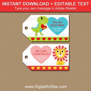 Classroom Valentine Tags Printable, Editable Valentine Tags, Kids Valentines Day Stickers, Dinosaur Valentine Tags, Lion Valentine Tags image 1