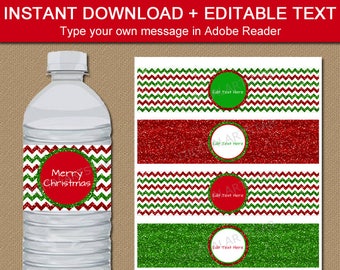 Christmas Water Bottle Label Template, Christmas Favors, Holiday Decoration, Christmas Printable Xmas Bottle Wrap, Glitter Chevron Labels B8