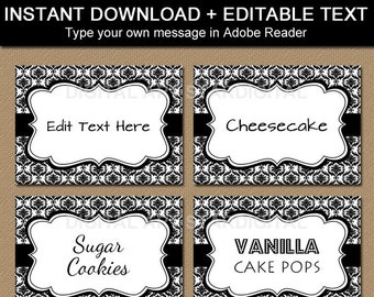 Black and White Food Labels, Damask Food Label, Candy Buffet Labels for Wedding, Editable Labels, Printable Buffet Cards, Candy Buffet Tags