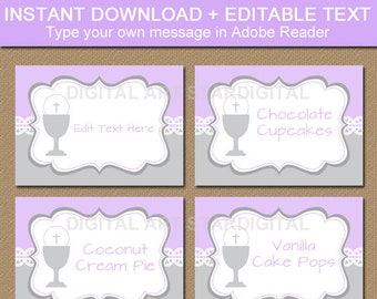 Girl First Communion Decorations, Lavender Communion Labels Printable, Place Cards, Food Labels, Candy Buffet Labels, Editable Labels FC1