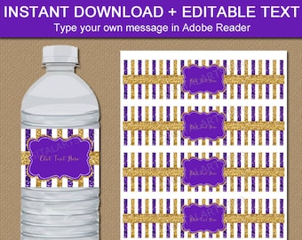 Printable Water Bottle Labels, Purple and Gold Baby Shower Favors, Prom Decor, 30th Birthday, 40th Birthday, 60th Birthday, 80th Birthday B4