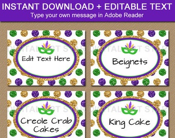 Mardi Gras Labels, Mardi Gras Party Printables, Mardi Gras Birthday Labels, Party Decor, Party Ideas, Editable Food Tents, Tent Cards M2