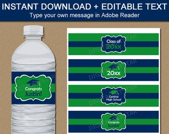 Green and Navy Blue Graduation Water Bottle Wrappers, 2024 Water Bottle Labels, Printable Bottle Labels, Kelly Green Graduation Template G1