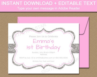 1st Birthday Invitation, Silver Glitter Invitation, Girl Birthday Invitation, Bridal Shower Invitation, Wedding Invitation Template B5