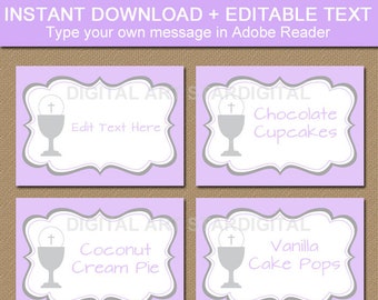 First Communion Labels Stickers, Candy Buffet Labels, Lavender Communion Place Card Template, Girl Communion Decorations, Food Tents FC1