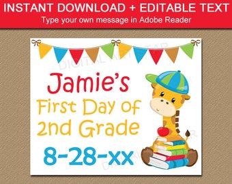 First Day of School Sign Printable Editable, Personalized First Day of 2nd Grade Sign Instant Download, Back to School Sign White Background