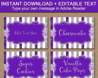 Purple Candy Buffet Labels, Place Cards, Printable Food Labels, Name Cards Template, Tent Cards, Buffet Cards, Food Tents, Glitter Labels B4