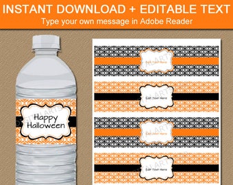 Orange and Black Water Bottle Labels, Editable Water Bottle Labels, Halloween Party Ideas, Birthday Decorations for Adults, Halloween Ideas