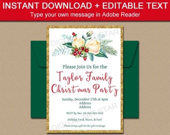 Christmas Invitation Template, Holiday Party Invitation Instant Download, Editable Invitation Christmas, Floral Invitation Digital C6