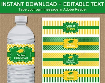 Water Bottle Labels Graduation, Green and Yellow Graduation Party Decorations, Editable Water Bottle Wrappers, 2024 Graduation Ideas G4