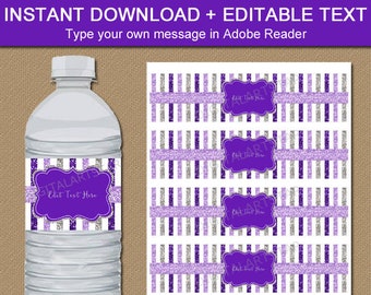 Purple and Silver Wedding Water Bottle Labels Printable, 60th Birthday Decoration, 80th Birthday, Purple and Silver Baby Shower Favors B4