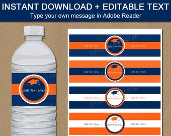 Graduation Water Bottle Labels PRINTABLE, Orange Navy Graduation Water Bottle Stickers, Grad Party Decor Download, Editable Water Labels G6