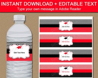 Graduation Water Bottle Labels Instant Download - Red and Black Graduation Decorations PRINTABLE - High School Graduation Party Ideas G3