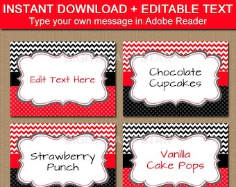 Printable Candy Buffet Labels for Birthday, Editable Food Labels, Birthday Place Cards Template, Red and Black Party Decorations B1