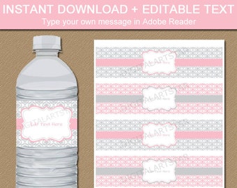 Baby Shower Ideas, Pink and Gray Baby Shower Bottle Labels, Girl Baby Shower Decorations, Pink and Silver Water Bottle Sticker Printable