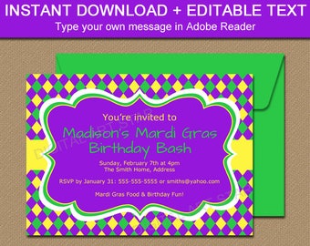 Mardi Gras Birthday Invitation Template, EDITABLE Mardi Gras Party Invitations Printable Mardi Gras Invites, Birthday Party Invitations M1