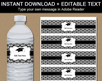 Graduation Party Decorations, Black and White Graduation Party Supplies, College Graduation Decorations, High School Grad Party Water Labels