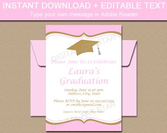 Pink Gold Graduation Invitation Template - Girl Graduation Party Invitations Instant Download - Printable 2024 Graduation Invitations G6