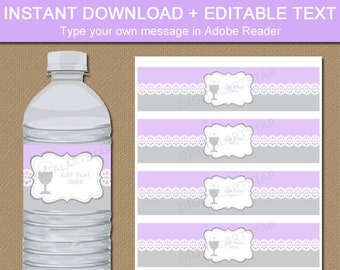 Printable First Holy Communion Bottle Labels Girl First Communion Water Bottle Wraps Lavender Gray Water Bottle Labels Instant Download FC1