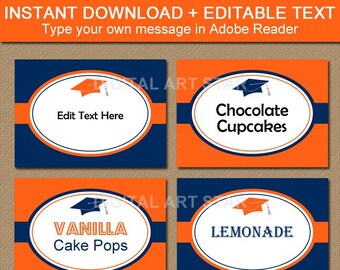 Orange Navy Blue Graduation Candy Buffet Labels, Printable Graduation Party Decorations, Food Tent Card, Editable Place Card, Food Labels G1