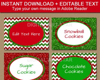 Christmas Labels Printable Candy Buffet Labels, Place Cards Holiday Food Labels, Buffet Cards, Tent Cards, Food Tents Editable Labels B8