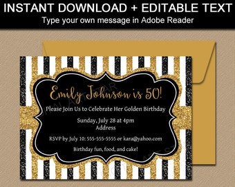 Milestone Birthday Invitation Template, 50th Birthday Invitations, Black and Gold Anniversary Party Invite, Printable Glitter Invitation B4