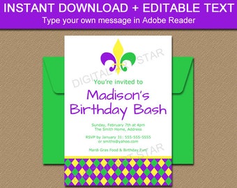 EDITABLE Mardi Gras Invitation Template - Mardi Gras Birthday Invitation Printable - Digtial Download Mardi Gras Invites INSTANT DOWNLOAD M1