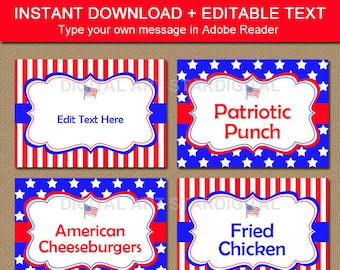 Patriotic Food Labels, 4th of July Labels, July 4th Birthday Party, Fourth of July Buffet Cards, Stars and Stripes Party Printables P1