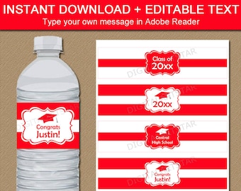 Red Graduation Water Bottle Labels Instant Download, High School Graduation Party Decorations, Graduation Printable Water Labels G1