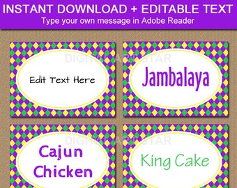 Printable Mardi Gras Food Labels - Mardi Gras Tent Cards - Mardi Gras Place Cards - EDITABLE Candy Buffet Labels - INSTANT DOWNLOAD M1