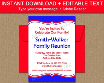 Printable Family Reunion Invitations, Royal Blue and Red Invitation Template, Downloadable Invitation, Invitation Download, Reunion Ideas B7