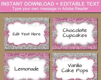 Pink and Silver Baby Shower Labels, First Birthday Label, Glitter Party Printables Food Labels, Glitter Candy Buffet Labels, Buffet Cards B5