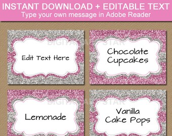 Pink and Silver Baby Shower Labels, First Birthday Label, Glitter Party Printables Food Labels, Glitter Candy Buffet Labels, Buffet Cards B5