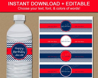 Birthday Water Bottle Labels - Printable Boy Birthday Party Decorations - Red Navy Chevron - EDITABLE Baby Shower Water Label Template B1