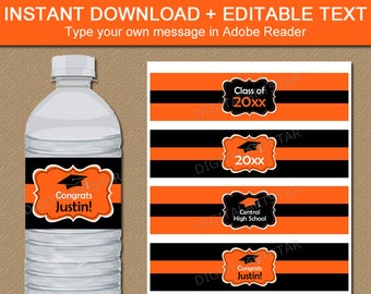 Graduation Party Decorations 2024, EDITABLE Graduation Water Bottle Labels, PRINTABLE Graduation Orange and Black Water Bottle Stickers G1