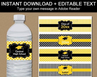 Yellow and Black Graduation Water Bottle Label Template, Graduation Party Ideas, High School Graduation Water Bottle Stickers Printable G4