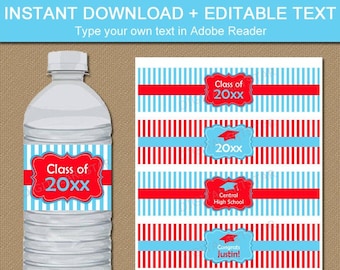 Graduation Water Bottle Labels, High School Graduation Party Ideas, Red and Sky Blue Graduation Party Decorations 2024 Printable Editable G4