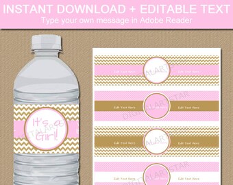 Pink & Gold Baby Shower Water Bottle Labels - EDITABLE Printable Girl Baby  Shower Water Labels - Bridal Shower, Wedding, Birthday GPCD