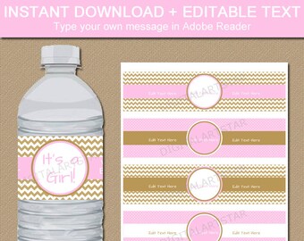 Pink & Gold Baby Shower Water Bottle Labels - EDITABLE Printable Girl Baby Shower Water Labels - Bridal Shower, Wedding, Birthday GPCD