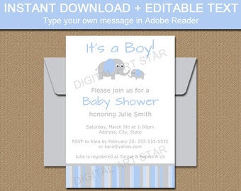Boy Baby Shower Invitation Template - Elephant Baby Shower Invitation - PRINTABLE It's a Boy Invitation INSTANT DOWNLOAD Elephant Invite
