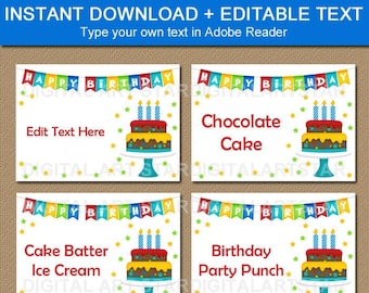 Birthday Place Cards, Candy Buffet Labels, Birthday Labels Instant Download, Food Labels, Printable Name Tags, Food Tent Template B9