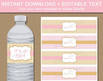 Pink and Gold Baby Shower Water Bottle Labels - Printable Pink and Gold Birthday Water Labels - EDITABLE Pink Gold Party Supplies LPGC